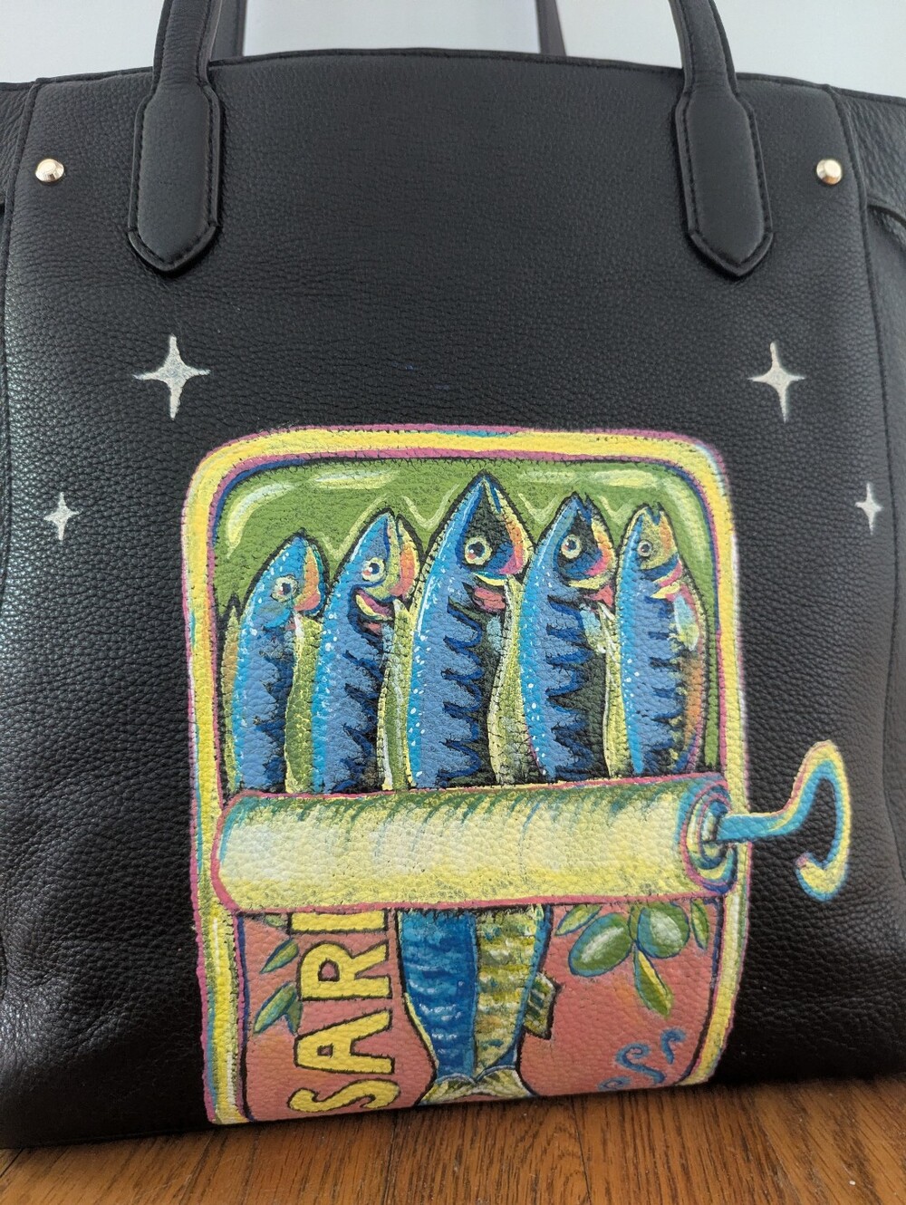Black Handpainted Kate Spade Tote Bag with Colorful Sardine Artwork - Picture 2 of 6
